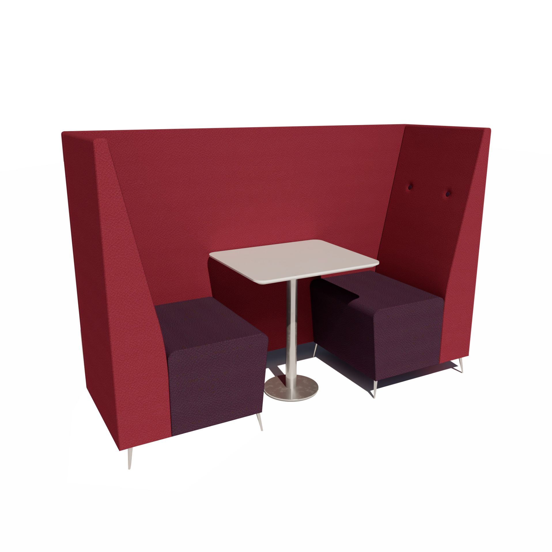 two person banquette seating unit with a link panel and an EDT 2, MFC finish table and a stainless steel column leg