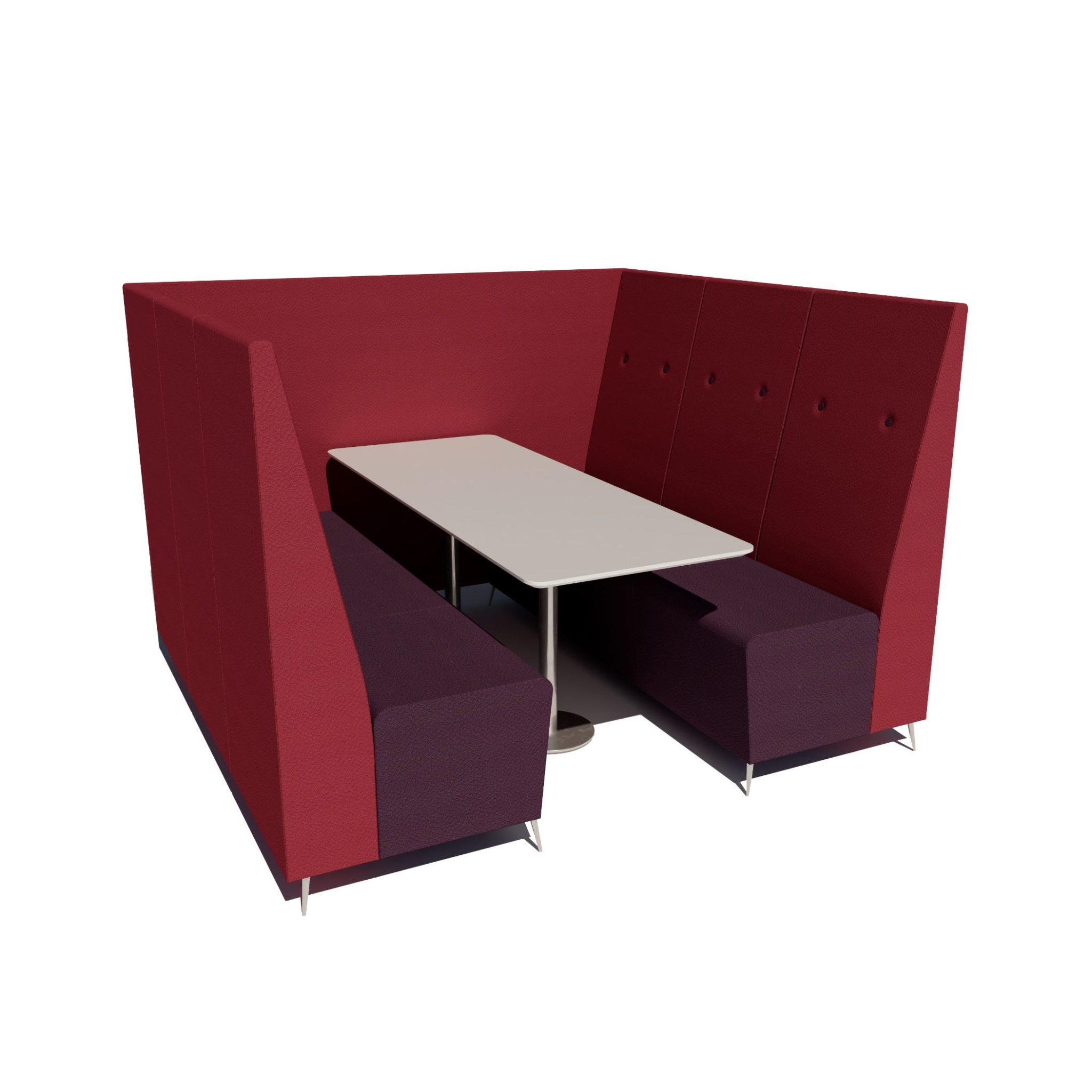 six person banquette seating unit with a link panel and an EDT 6, MFC finish table and a stainless steel column leg